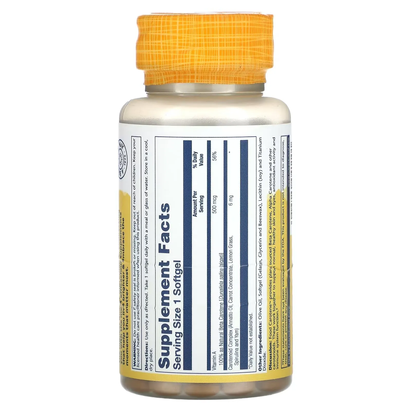 Dietary supplement Solaray Plant Source Food Carotene with Beta Carotene & Carotenoid Complex, 500 mcg. 100 softgels