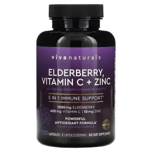 Elderberry, Vitamin C   Zinc, 5 in 1 Immune Support Viva Naturals, 120 Capsules