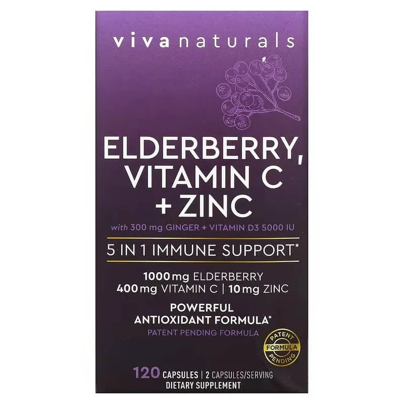 Elderberry, Vitamin C   Zinc, 5 in 1 Immune Support Viva Naturals, 120 Capsules