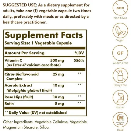 Ester-C Plus, 500 mg vitamin C, supports a healthy immune system Highly Absorbable Antioxidant, 100 Veggie Capsules, Solgar