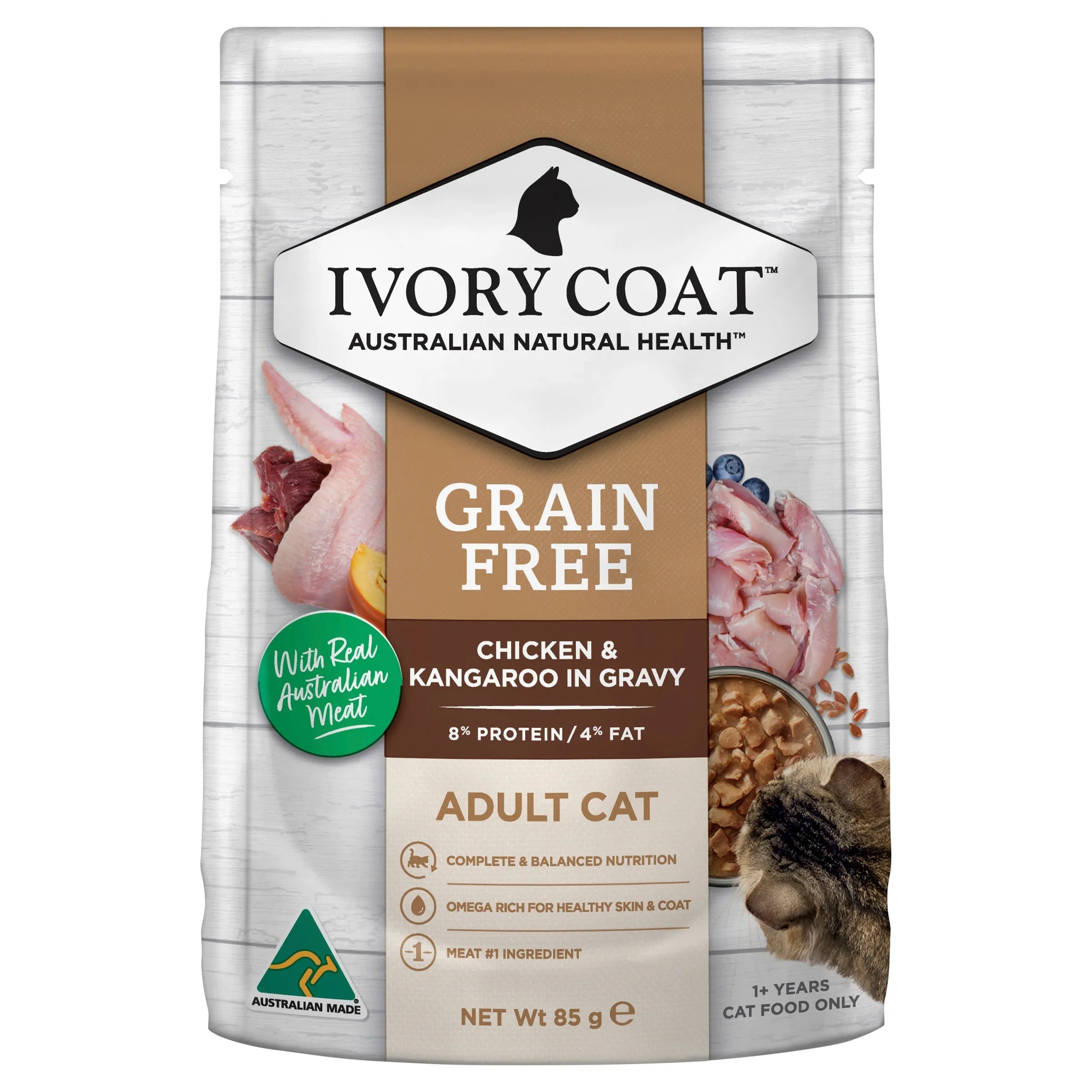 Ivory Coat Grain Free Chicken and Kangaroo in Gravy Adult Cat Wet Food 85g^^^