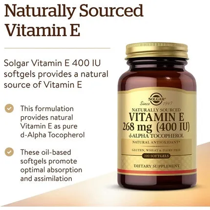 Natural Source Vitamin E Softgels 268 mg – pack of 100 pcs.  – protects cells from oxidative stress – supports the immune system – vegan gluten free, Solgar