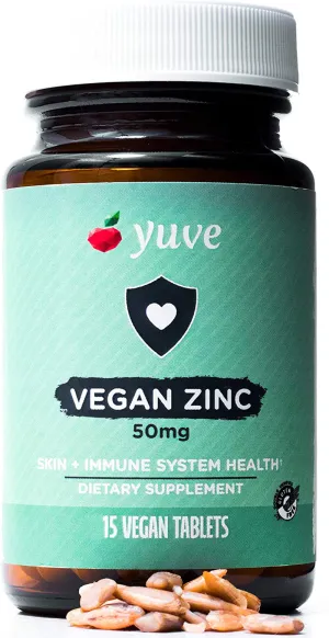 Yuve Vegan Natural Zinc 50mg Supplement - Travel Size - Boosts Your Immune System - Fast Relief from Colds and Flu - Acne Free Skin - Non-GMO, Gluten Free, Sugar Free - 15 Vegetarian Tabs