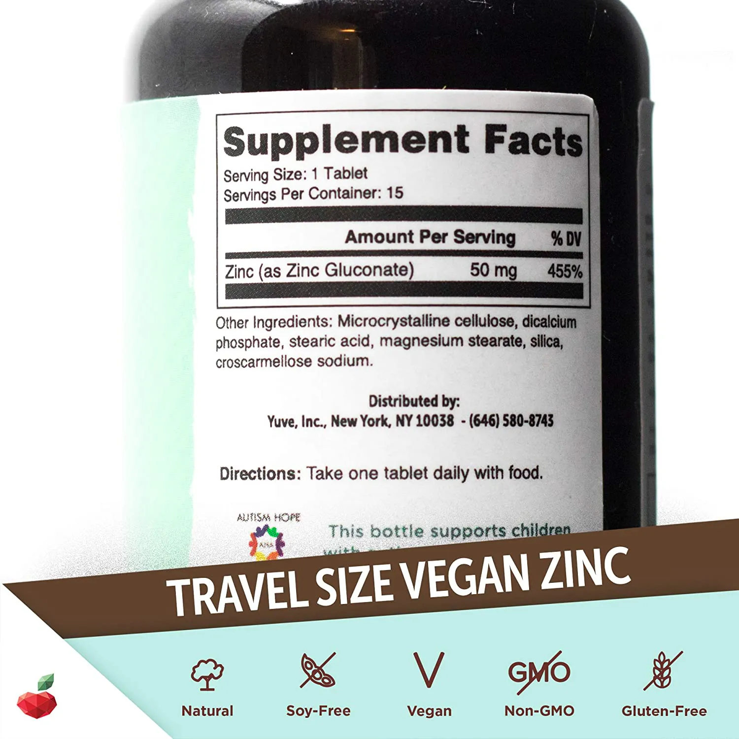 Yuve Vegan Natural Zinc 50mg Supplement - Travel Size - Boosts Your Immune System - Fast Relief from Colds and Flu - Acne Free Skin - Non-GMO, Gluten Free, Sugar Free - 15 Vegetarian Tabs